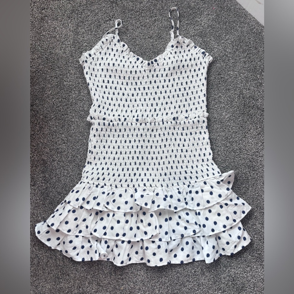 White Polka Dot Smocked Mini Dress with Navy Dots
